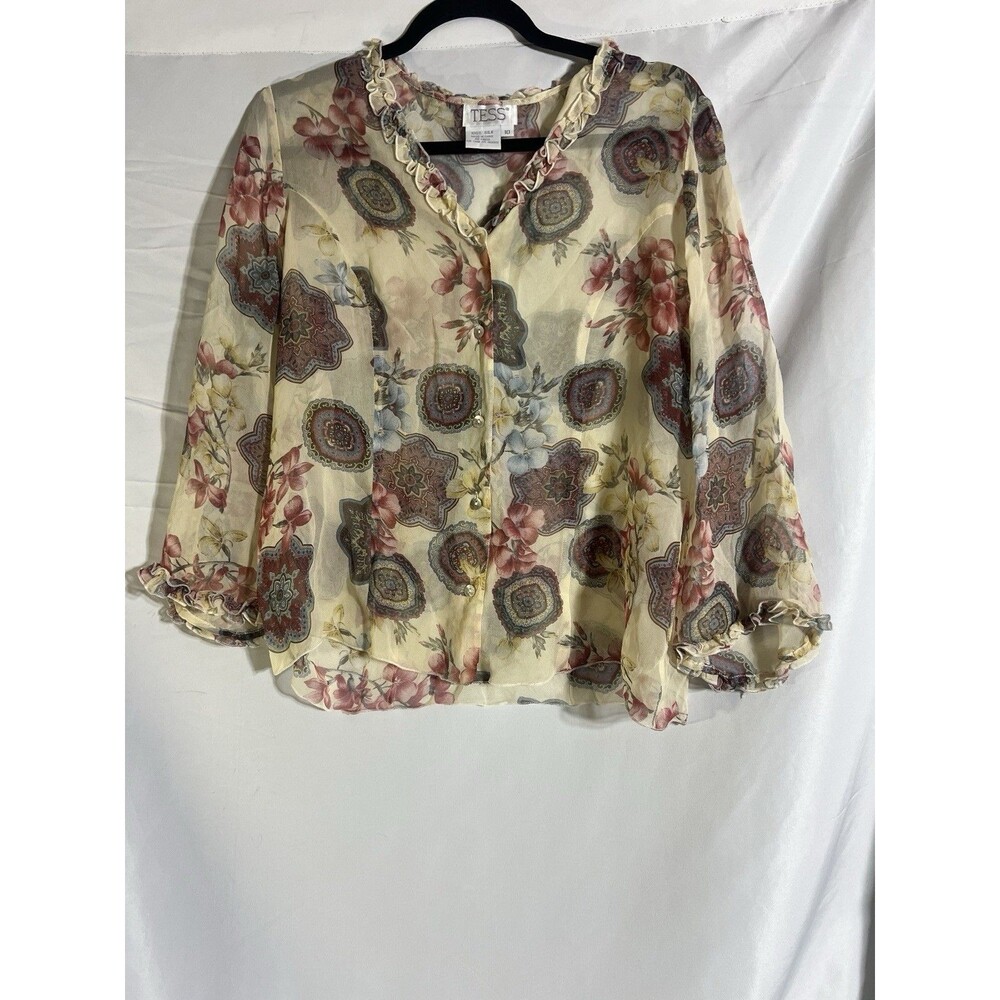 Tess Studio 100% Silk Vintage Women's Shirt Ecru Floral Sheer Button Up Sz 10